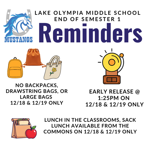  Campus reminders for the end of the semester. No backpacks, lunch in the classrooms, early dismissa